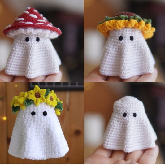 Halloween Amigurumi Ghost plushie with mushroom hat, Sunflower hat and flower headbandCrochet Pattern Bundle+Finished Crafts Bundle+ Materials Kit Bundle