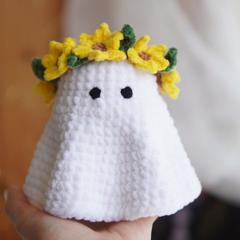 Halloween Amigurumi Ghost plushie with mushroom hat, Sunflower hat and flower headbandCrochet Pattern Bundle+Finished Crafts Bundle+ Materials Kit Bundle