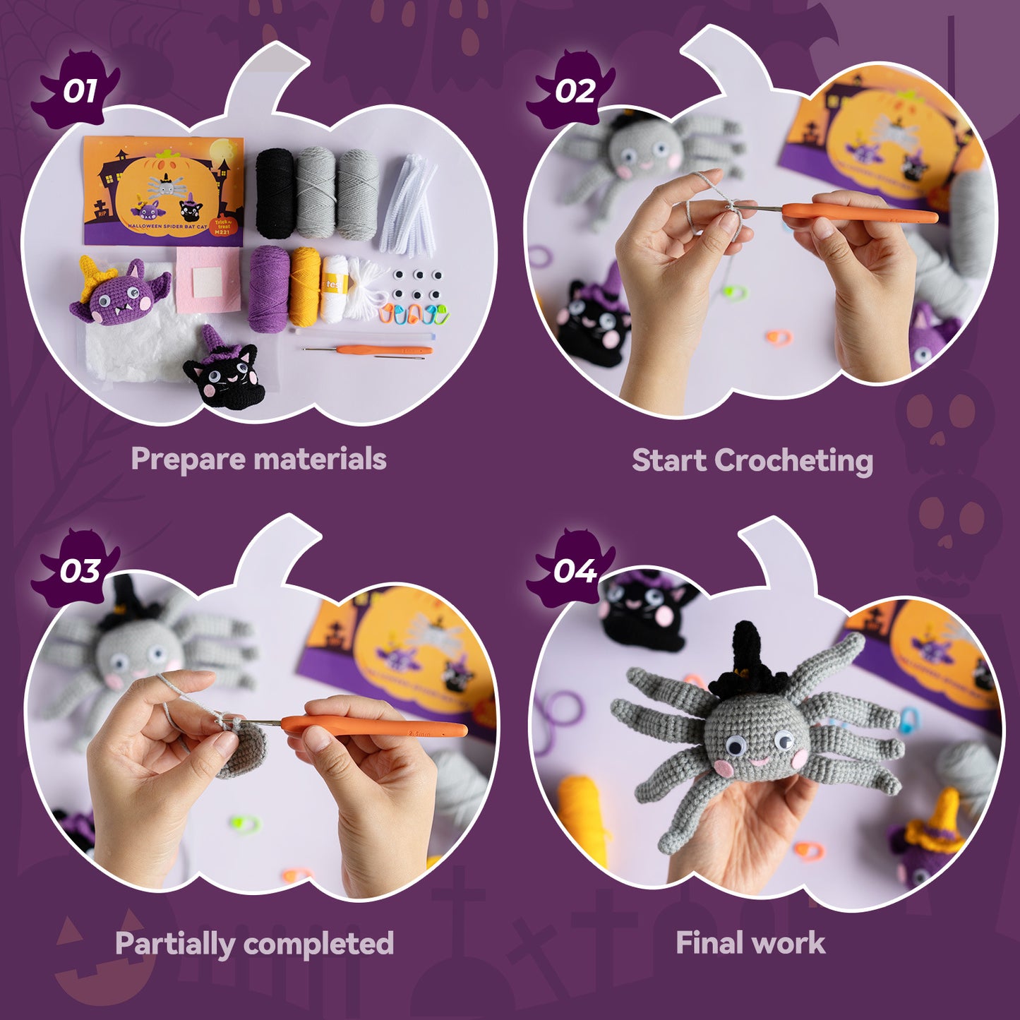 Halloween Cat & Spider & Bat Crochet Crafts + Crochet Material Kit