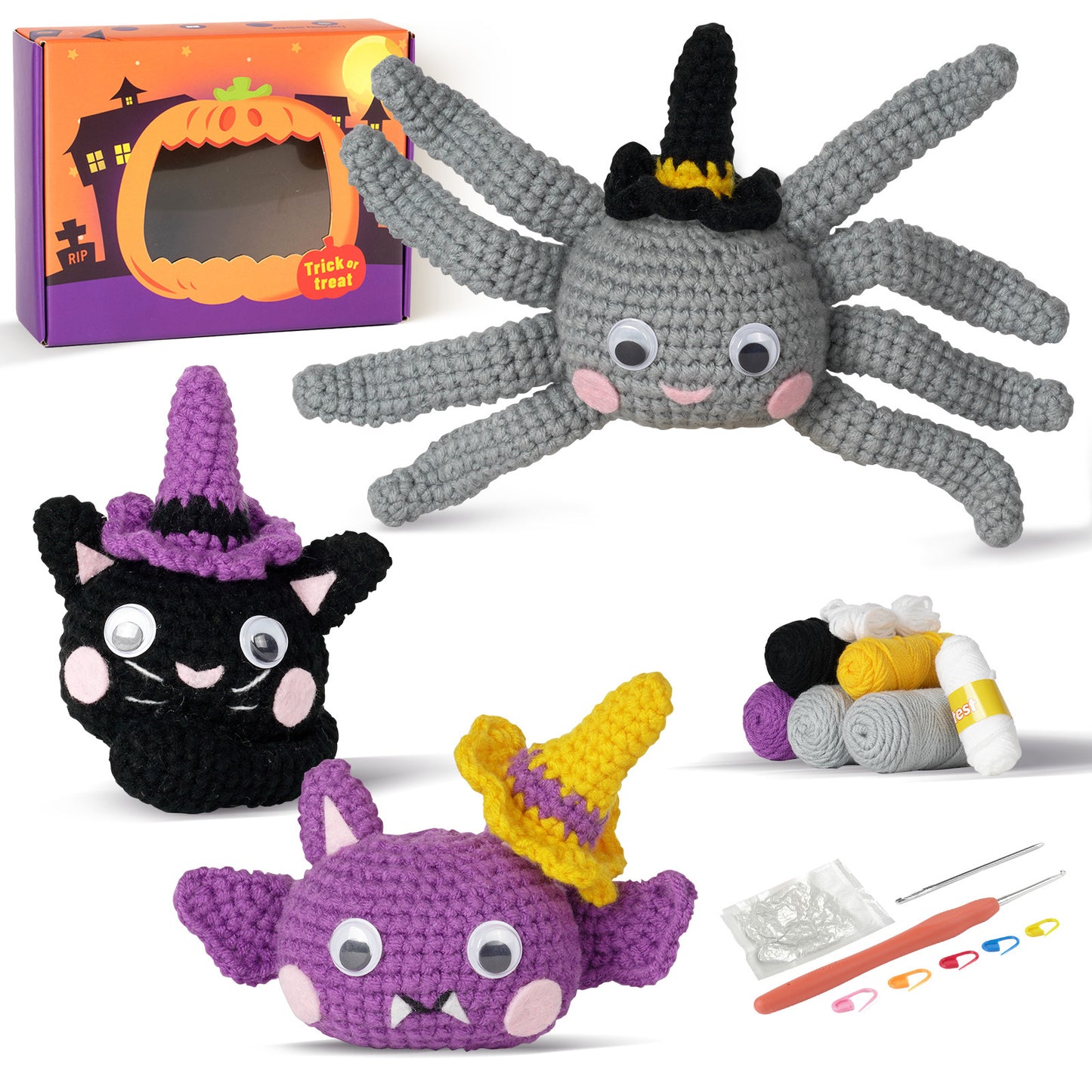 Halloween Cat & Spider & Bat Crochet Crafts + Crochet Material Kit