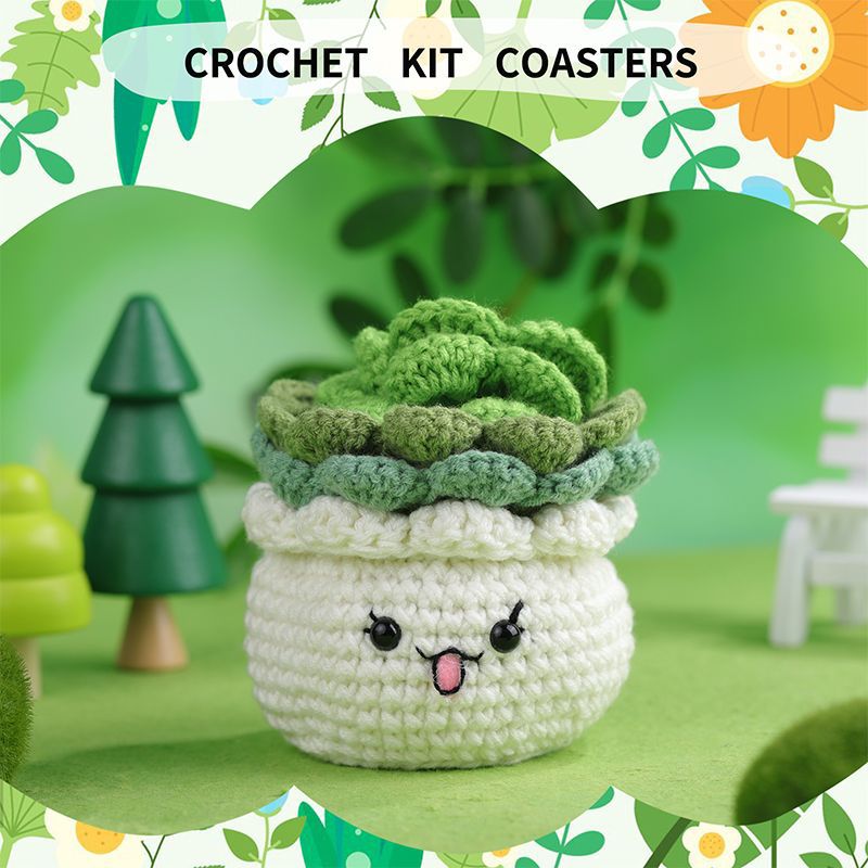 Green Plant Pot Coaster Crochet Kit