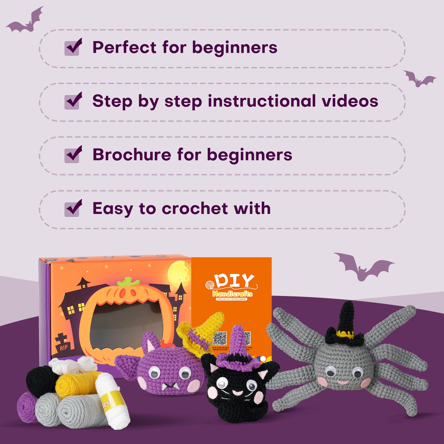 Halloween Cat & Spider & Bat Crochet Crafts + Crochet Material Kit