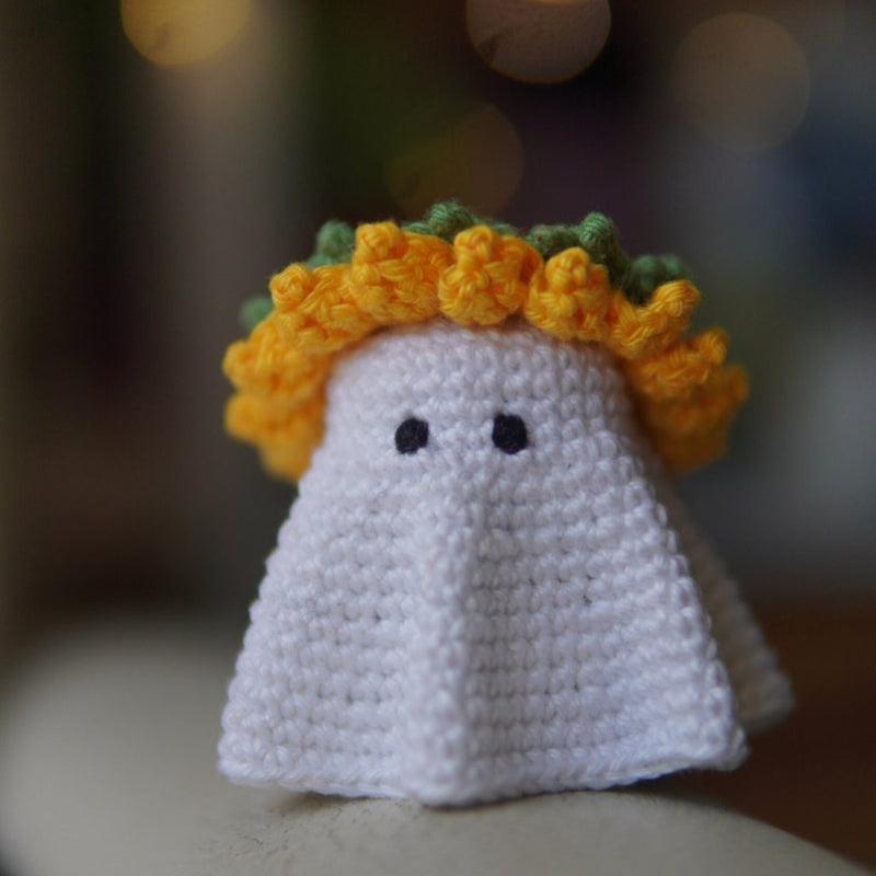 Halloween Amigurumi Ghost plushie with mushroom hat, Sunflower hat and flower headbandCrochet Pattern Bundle+Finished Crafts Bundle+ Materials Kit Bundle